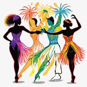 hand drawing artistic lines on white background for Silhouettes of samba a man and a woman dancers, colorful painting, vivid summer colors, one drawing per page.