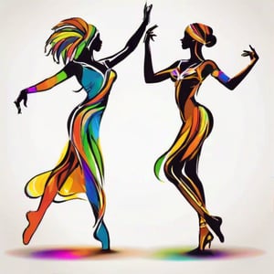 hand drawing artistic lines on white background for Silhouettes of samba a man and a woman dancers, colorful painting, vivid summer colors, one drawing per page.