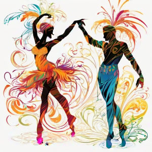 hand drawing artistic lines on white background for Silhouettes of samba a man and a woman dancers, colorful painting, vivid summer colors, one drawing per page.