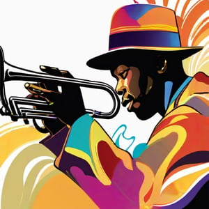 hand drawing artistic lines on white background for Silhouettes of a jazz player, Black Jazz player playing trumpet, Jazz player with hat, colorful painting, vivid summer colors, one drawing per page, clear shapes and details