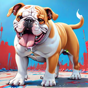 Realistic 3D illustration of a colorful graffiti illustration Colorful Bulldog's head liquid paint dropping, summer vivid colors, with Union Jack Flag in the background Illustration. A proud British Bulldog with red, white and blue colour, high detail, t-shirt design, grafitti, vivid colors, very detailed image