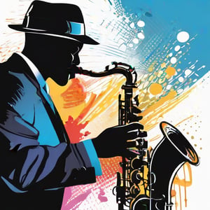 hand drawing artistic lines on white background for Silhouettes of a jazz player, Black Jazz player playing saxophone, Jazz player with hat, colorful painting, vivid summer colors, one drawing per page, clear shapes and details