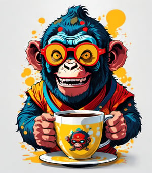 Leonardo Style, illustration, kungfu ape in london, ape, joyful ape, nice, happy, looking up, drinking coffee, white  background, simple background, colored sunglasses, colorful , color splash , pop color, ultra hd,oni style, 3d