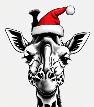 hand drawing black and white giraffe wearing christmas red hat covering the head, big smile and happy look, ultra HD, hi_resolution, high_definition.