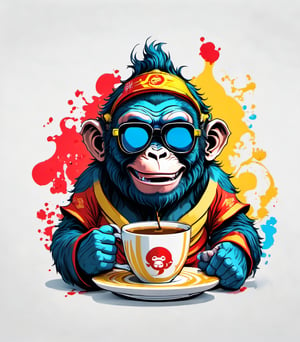 Leonardo Style, illustration, kungfu ape in london, ape, joyful ape, nice, happy, looking up, drinking coffee, white  background, simple background, colored sunglasses, colorful , color splash , pop color, ultra hd,oni style, 3d