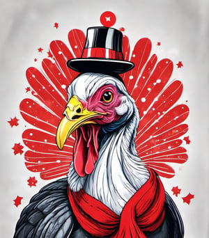 hand drawing black and white turkey wearing christmas red hat covering the head, red rounded glasses, red tie with white small dots, big smile and happy look, ultra HD, hi_resolution, high_definition.