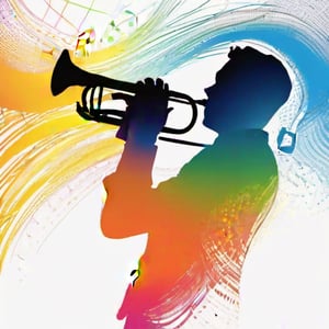 hand drawing artistic lines on white background for Silhouettes of a jazz player, playing trumpet colorful painting, vivid summer colors, one drawing per page, clear shapes and details