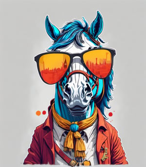 Leonardo Style, illustration, Fergus the horse in london, Fergus the Horse, confused look, white  background, simple background, colored sunglasses, colorful , color splash , pop color, ultra hd,oni style, 3d