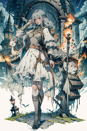 masterpiece, high quality, weapon, blind, firekeeper, night, gothic, hair between eyes, best quality, scenery, full body, building, absurd res, fishnets, original costume, mid breast