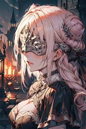 masterpiece, high quality, blindfolded, gothic, bun hair, best quality, scenery, absurd res, original costume, mid breast, close_shot, bust_shot, GlowingRunes