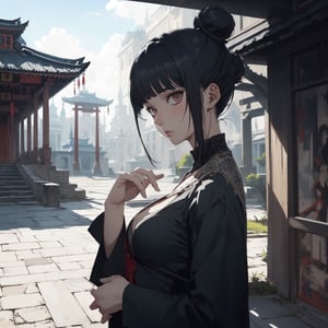  mid breast,looking_at_viewer, scenery, masterpiece,hair bun,scenic, building,1hot woman,masterpiece, best quality,best compostion ,(Sui Ishida, ) Wojciech Siudmak abstract,temple background,fantasy,looking_at_viewer,hot look,face shot