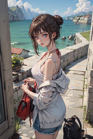  mid breast,looking_at_viewer, scenery, masterpiece, hair bun, scenic, building,1girl,masterpiece,