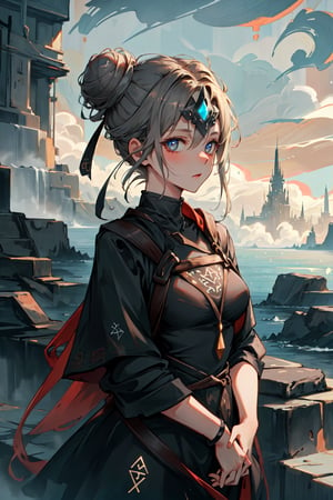 masterpiece, high quality, bun hair, best quality, scenery, absurd res, black dress, mid breast, bust_shot, GlowingRunes,no_humans,looking-at-viewer,