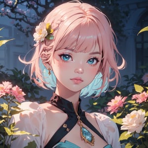 Breathtaking, Masterpiece, Best Quality, (a natural beauty), 1 girl, solo, in a serene mood, High quality digital art, (with realistic textures), (Ilya Kuvshinov style:1.3), (aquamarine hair:1.3), (pink flower accents:1.3), with a tranquil expression , in elegant attire, (sunny garden backdrop:1.2), (dynamic angle:1.2), (Kuvshinov-inspired blend:1.3), realistic details, captivating aura, serene composition, (cosmic hues, cosmic tapestry, cosmic fusion:1.3), (ethereal allure:1.3, ethereal lighting:1.3),professional, highly detailed,