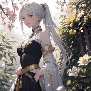 masterpiece, best quality, Gorgeous illustration, masterful composition, fine details, blue sky, leaves, branches, beautiful girl, long hair, high ponytail, silver hair, slight smile, slender waist, hidden in the light yellow flowers, depth of field, scattered leaves and petals, cinematic angle, classic frame,(masterpiece),(best quality),(ultra-detailed),(illustration), 