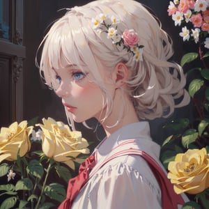 1girl,((best quality,masterpiece)),(sketch,oil painting:1.3),(ultra detailed,photoreal,realistic:1.2),1girl,white hair,profile,(many flowers:1.4),her hair from flowers,(hair of flower:1.3),pink white rose ,bouquet,school uniform