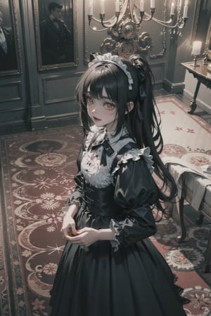 3d, gothic lolita, vampire princess in a grand ballroom, lace details and blood-red eyes, romanticism, ornate chandelier, dim candlelight, reds and blacks, symbolism, kodomo and gothic, aerial view, gothic, clamp style, vampire, princess, ballroom, lace, eyes, chandelier, candlelight --niji 5