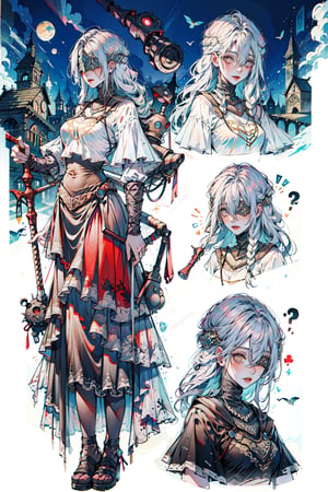 masterpiece, high quality, weapon,blindfirekeeper,night, gothic, hair between eyes,best quality,scenery,( full body, upper body, reference sheet:1),building,absurd res,fishnets,original costume,mid breast
