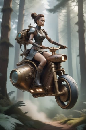 Human riding a hoverbike in the forest, single character, cyborg style, steampunk style,HZ Steampunk