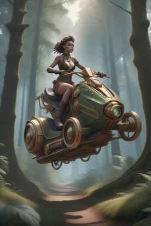 Beautiful human riding a hoverbike in the forest, single character, cyborg style, steampunk style,HZ Steampunk, body parts, highly detailed, octane render, cinematic, insanely detailed octane render, highly detailed, vibrant, production cinematic character render, ultra high quality model, perfect composition, beautiful detailed intricate,arcane