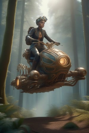 Human riding a hoverbike in the forest, single character, cyborg style, steampunk style,HZ Steampunk, body parts, highly detailed, octane render, cinematic, insanely detailed octane render, highly detailed, vibrant, production cinematic character render, ultra high quality model, perfect composition, beautiful detailed intricate,arcane