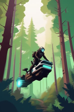 Human riding a hoverbike in the forest, single character,cyborg style,steampunk style