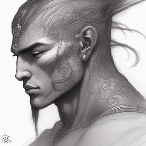 profile pic for a DJINN, Display Pic, asian male, fantasy, face detail, mysterious, realistic, rustic, magical, ethereal,l3min,HellAI,isni,pencil sketch,cyborg