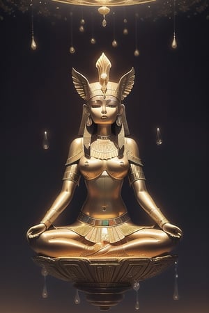 Create an enchanting scene of an Egyptian-Indian goddess gracefully meditating and levitating. Imagine her adorned in divine attire, blending the majestic elements of both cultures. Capture the serene atmosphere with ethereal lighting and intricate details, showcasing the goddess in a state of deep meditation, surrounded by an aura of tranquility and mysticism, dripping precum