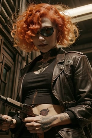 cyberpunk girl, short hair, red hair, tatoo, walking, holding_weapon,holding_object,gun,holding_item,holding_item