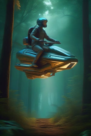 Human riding a hoverbike in the forest,  No one image will be the same. scifi,  futuristic,  utopian,  
highly detailed and intricate,  rich deep colors,  sf,  intricate artwork masterpiece,  ominous,  matte painting movie poster,  golden ratio,  
insanely detailed octane render 