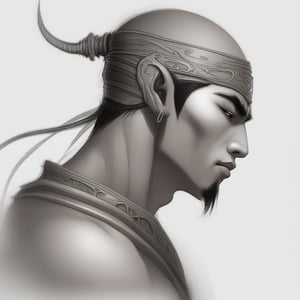 profile pic for a DJINN, Display Pic, asian male, fantasy, face detail, mysterious, realistic, rustic, magical, ethereal,l3min,HellAI,isni,pencil sketch,cyborg