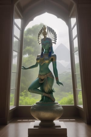 Create an awe-inspiring image of an Egyptian-Indian goddess in deep meditation, gracefully levitating within a vast, temple-like chamber. The room is adorned with intricate carvings and resembles ancient temples, with a window revealing a breathtaking view of lush greenery and majestic pyramids in the distance. The goddess, larger than life, radiates divine energy, surrounded by an overflow of vibrant greenery that symbolizes nature's abundance. The atmosphere should exude tranquility and spiritual energy, capturing the essence of a harmonious blend between two ancient cultures,dendra pokemon