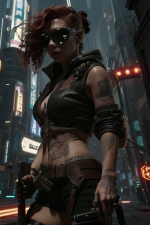 cyberpunk girl, short hair, red hair, tatoo, walking, holding_weapon,holding_object,gun,holding_item,holding_item