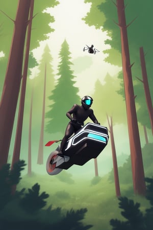 Human riding a hoverbike in the forest, single character