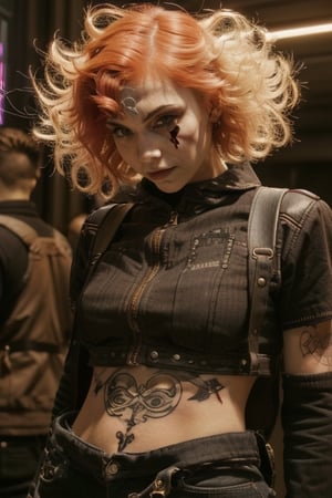 cyberpunk girl, short hair, red hair, tatoo, walking,