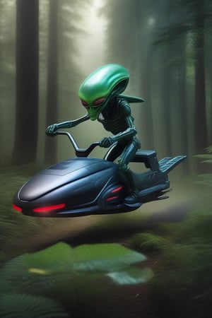 Alien riding a hoverbike in the forest