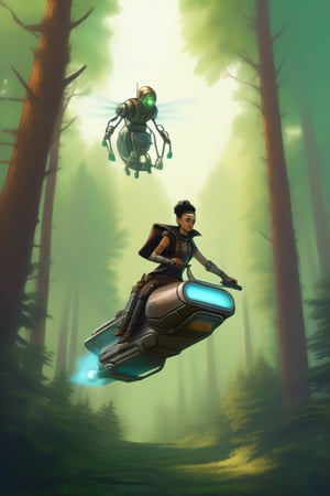 Human riding a hoverbike in the forest, single character,cyborg style,steampunk style