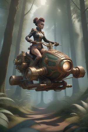 Human riding a hoverbike in the forest, single character, cyborg style, steampunk style,HZ Steampunk, body parts, highly detailed, octane render, cinematic, insanely detailed octane render, highly detailed, vibrant, production cinematic character render, ultra high quality model, perfect composition, beautiful detailed intricate,arcane