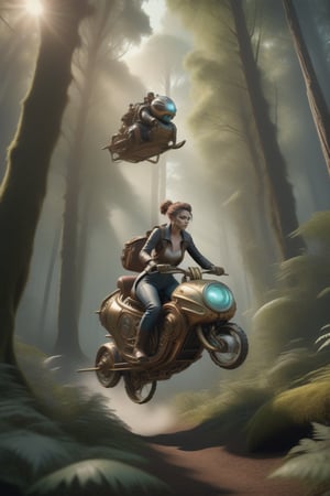 Human riding a hoverbike in the forest, single character, cyborg style, steampunk style,HZ Steampunk, body parts, highly detailed, octane render, cinematic, insanely detailed octane render, highly detailed, vibrant, production cinematic character render, ultra high quality model, perfect composition, beautiful detailed intricate