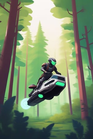 Human riding a hoverbike in the forest, single character,cyborg style