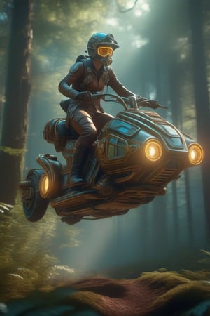 Human riding a hoverbike in the forest, helmet, neon, single character, cyborg style, steampunk style,HZ Steampunk, body parts, highly detailed, octane render, cinematic, insanely detailed octane render, highly detailed, vibrant, production cinematic character render, ultra high quality model, perfect composition, beautiful detailed intricate,arcane