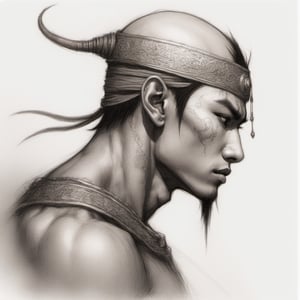 profile pic for a DJINN, Display Pic, asian male, fantasy, face detail, mysterious, realistic, rustic, magical, ethereal,l3min,HellAI,isni,pencil sketch,cyborg, real, 1st_person_view, 