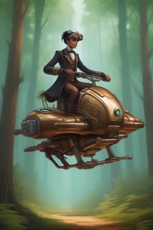 Human riding a hoverbike in the forest, single character ,steampunk style