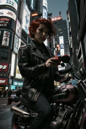 cyberpunk girl, girl riding motorbike, short hair, red hair,tatoo,holding_object,holding_item,holding_item,city,tokyo,low angle,