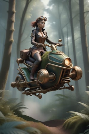 Beautiful human riding a hoverbike in the forest, single character, cyborg style, steampunk style,HZ Steampunk, body parts, highly detailed, octane render, cinematic, insanely detailed octane render, highly detailed, vibrant, production cinematic character render, ultra high quality model, perfect composition, beautiful detailed intricate