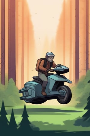 Human riding a hoverbike in the forest being chased