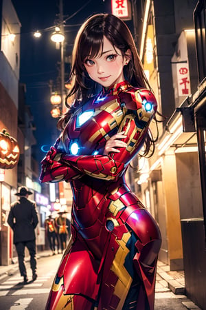 nsfw:1.1, masterpiece, top-quality, top-quality, Beautifully Aesthetic:1.2, (8k, RAW photo, photorealistic:1.25), 1girl, crazy party night, ((Wearing a high-quality Iron man suits:1.3)), high detailed, (gentle smile:1.2),  
BREAK 
(Standing with spread arms:1.3), 
((Brown Hair)), wavy hair, ((medium long hair:1.2)), 
((in A modern alley of decorated for Halloween in Shibuya at late night:1.2)), ((Cowboy shot:1.2)), ((From below:1.3)), ((looking at viewer:1.2)),