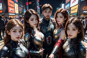 masterpiece,  top-quality,  top-quality,  Beautifully Aesthetic:1.2,  (8k,  RAW photo,  photorealistic:1.25),  Halloween night,  Ironman,  Spider-Man,  Captain America,  Hulk,  Wanda,  Ant-Man,  Black Panther,  Thor,  Black Widow,  Doctor Strange,  Star-Lord,  Rocket (Raccoon),  Groot,  Vision,  Hawkeye,  high detailed,  (gentle smile:1.2),  BREAK 
BREAK 
((The Avengers are in full force:1.2)),  ((Walking At the middle of very crowded Shibuya Scramble Crossing decorated with Halloween decorations at late night:1.2)),  ((Upper body shot:1.5)),  (From below:1.3), 
