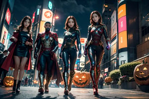 masterpiece, top-quality, top-quality, Beautifully Aesthetic:1.2, (8k, RAW photo, photorealistic:1.25), Halloween night,  Ironman, Spider-Man, Captain America, Hulk, Wanda, Ant-Man, Black Panther, Thor, Black Widow, Doctor Strange, Star-Lord, Rocket (Raccoon), Groot, Vision, Hawkeye, high detailed, (gentle smile:1.2),  
BREAK 
((The Avengers are in full force:1.2)), 
((Walking At the middle of very crowded Shibuya Scramble Crossing decorated with Halloween decorations at late night:1.2)), (Full body shot:1.1), (From below:1.3),girl