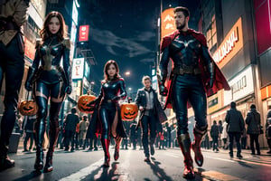 masterpiece, top-quality, top-quality, Beautifully Aesthetic:1.2, (8k, RAW photo, photorealistic:1.25), Halloween night,  Ironman, Spider-Man, Captain America, Hulk, Wanda, Ant-Man, Black Panther, Thor, Black Widow, Doctor Strange, Star-Lord, Rocket (Raccoon), Groot, Vision, Hawkeye, high detailed, (gentle smile:1.2),  
BREAK 
((The Avengers are in full force:1.2)), 
((Walking At the middle of very crowded Shibuya Scramble Crossing decorated with Halloween decorations at late night:1.2)), (Full body shot:1.1), (From below:1.3),